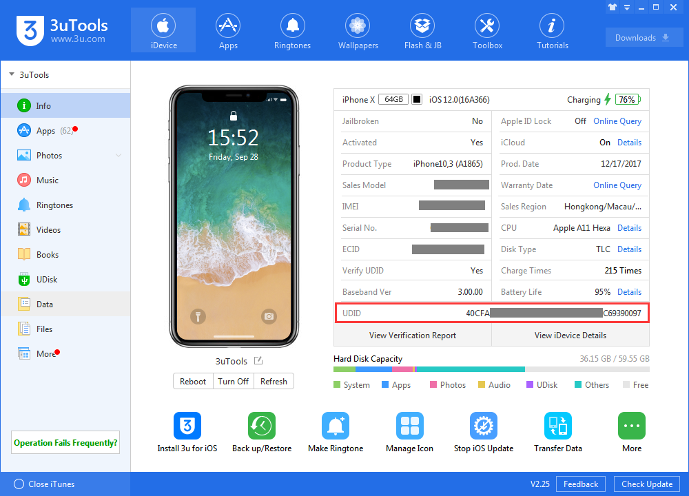 how to check udid of iphone ipad ipod on 3u tools